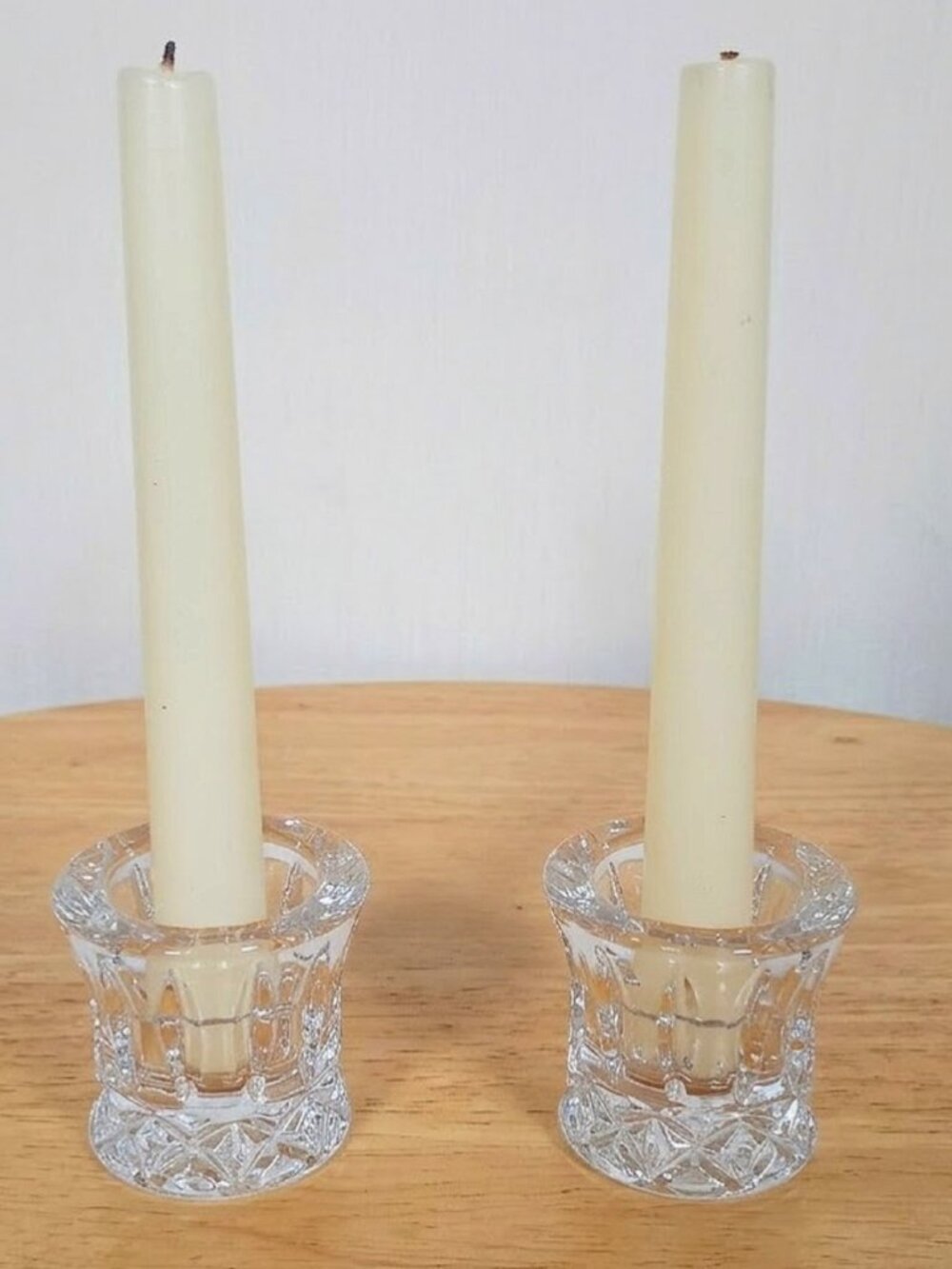 Candle Holders Pair Clear Cut Glass Reversible for Tapers, Tea Lights, Votives